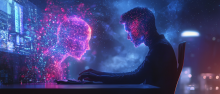 Un homme assis à son bureau de nuit, face à une intelligence artificielle représentée par une silhouette lumineuse et abstraite composée de réseaux neuronaux colorés en rose et bleu. L’homme et l’IA se font face, connectés par un flux d’informations numériques, symbolisant leur interaction et la fusion entre pensée humaine et calcul algorithmique.