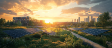 AI technology campus near Paris France, office buildings, solar panels, green spaces, Nvidia and Mistral AI logos subtly integrated, early evening golden light, wide panoramic view