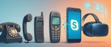 Illustration de l’évolution des téléphones, de la ligne fixe au casque VR, symbolisant l’ère Skype.