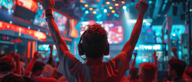 E-sport player in front of a cheering crowd