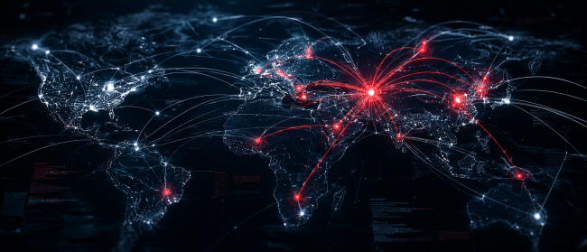 dark world map with white wires connecting dots and red spreading